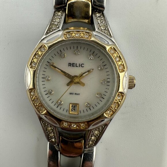 3/$30 Relic Watch Women Silver/ Gold Crystal Bezel Date Window MOP Dial 6.5" - Picture 3 of 16